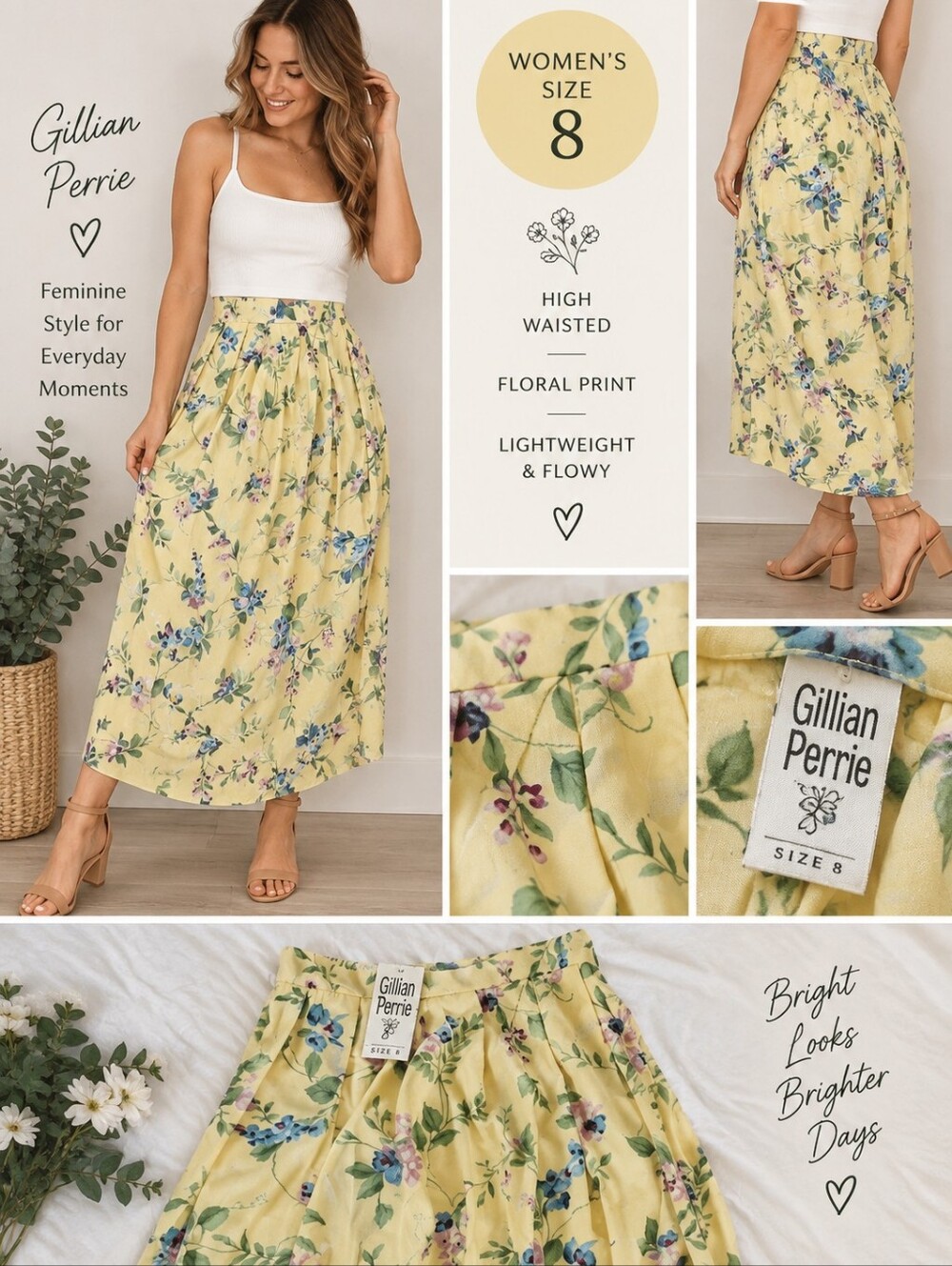 Gillian perrie Women's Size 8 yellow floral high waisted skirt #F01